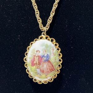 Fragonard Style Necklace Gold Tone Renaissance Courting Couple Oval On 24” Chain